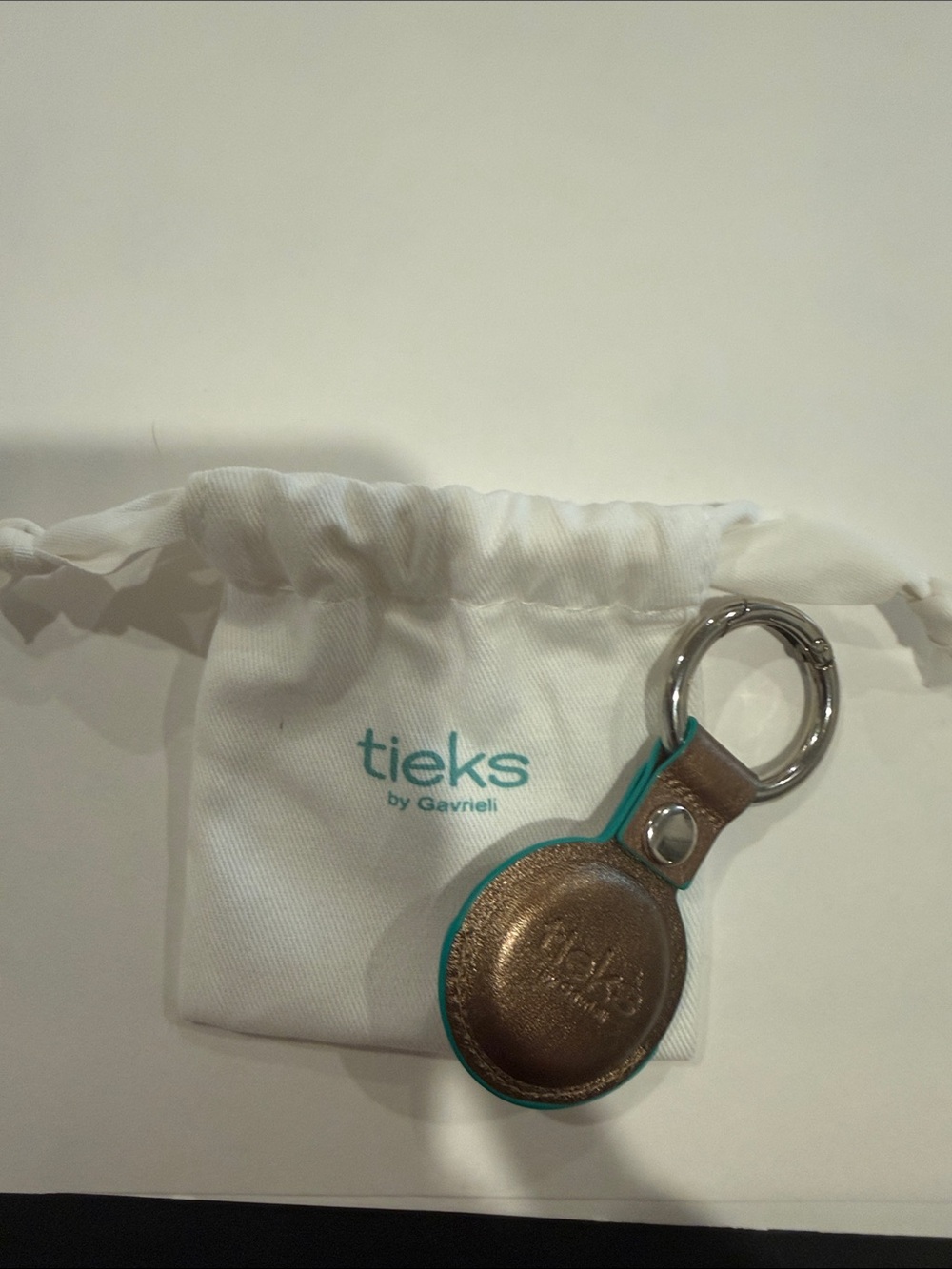 Tieks Brown Leather Airtag Key Ring with Teal Trim